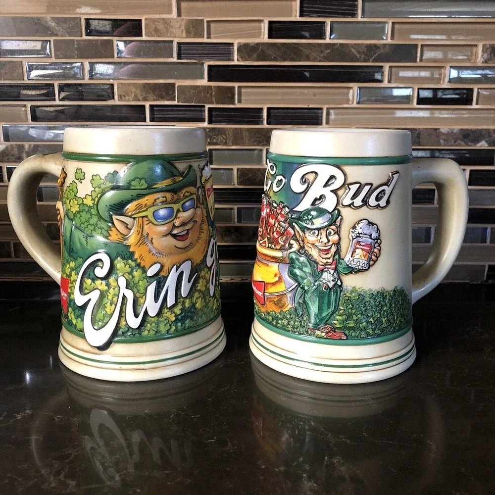 2 Anheuser Budweiser Mugs Stein Erin Go Bud‎ Leprechaun St Patrick's Day 1992